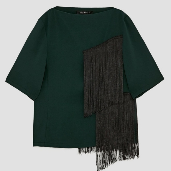 💖 2/$30 NWT Zara boho Fringe boxy dark green blouse top art to wear size XS - Picture 1 of 15
